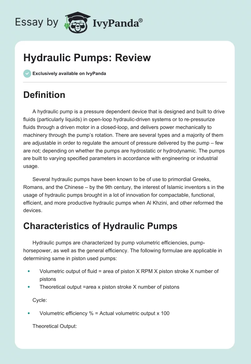 Hydraulic Pumps: Review. Page 1