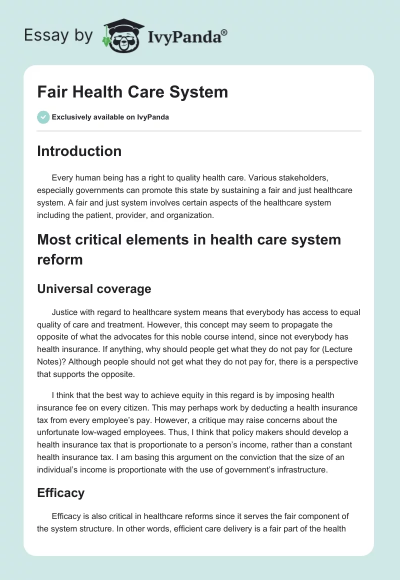Fair Health Care System. Page 1