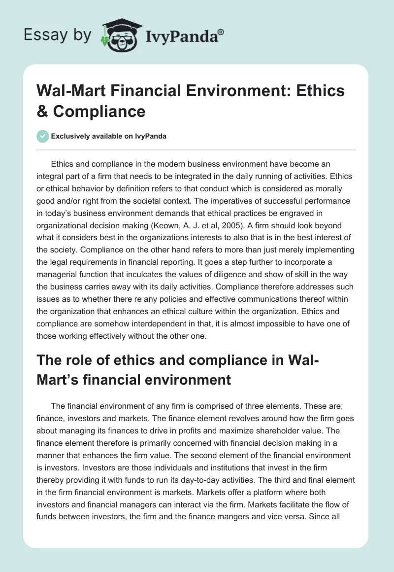 Wal-Mart Financial Environment: Ethics & Compliance. Page 1