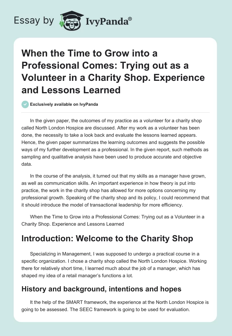 When the Time to Grow Into a Professional Comes: Trying Out as a Volunteer in a Charity Shop. Experience and Lessons Learned. Page 1