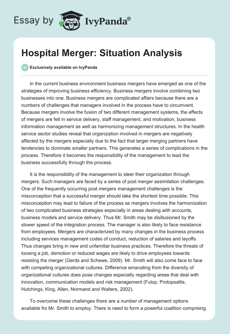 Hospital Merger: Situation Analysis. Page 1
