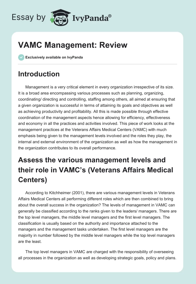 VAMC Management: Review. Page 1