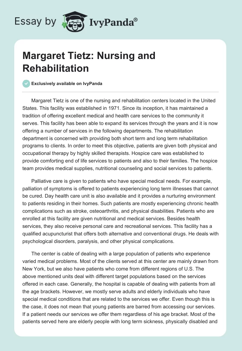 Margaret Tietz: Nursing and Rehabilitation. Page 1
