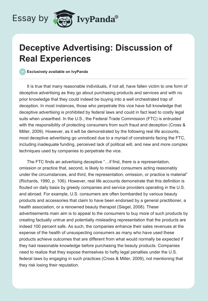 Deceptive Advertising: Discussion of Real Experiences. Page 1
