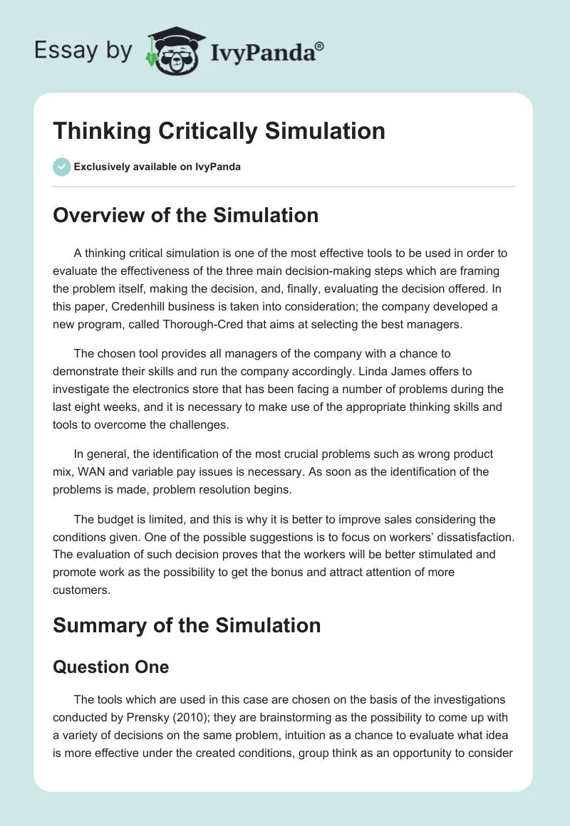 Thinking Critically Simulation. Page 1
