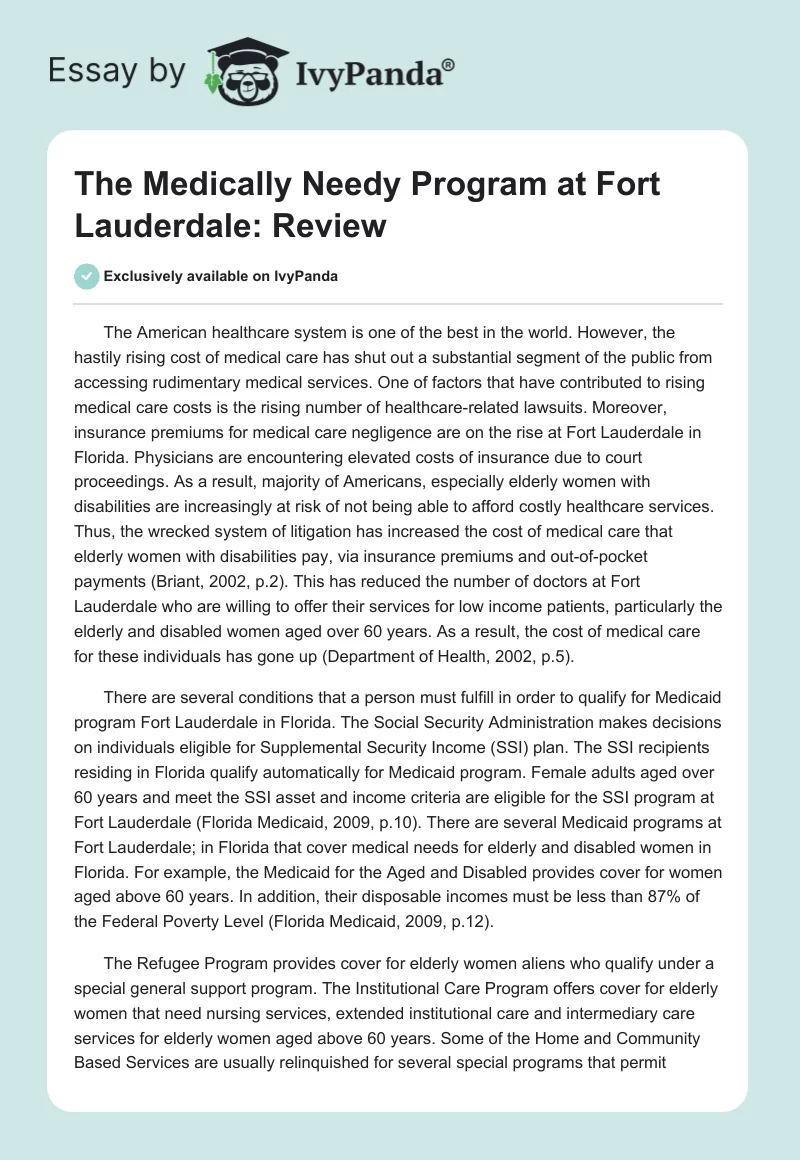 The Medically Needy Program at Fort Lauderdale: Review. Page 1