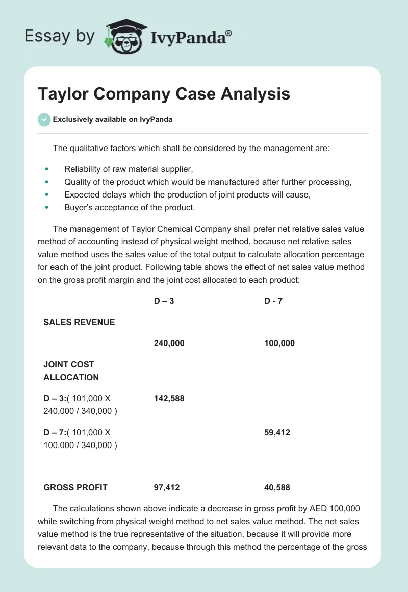 Taylor Company Case Analysis. Page 1