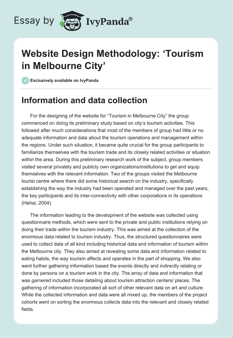 Website Design Methodology: ‘Tourism in Melbourne City’. Page 1