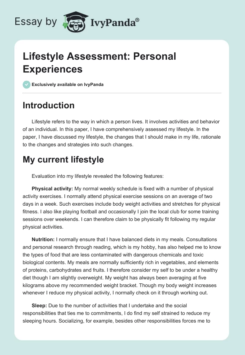 Lifestyle Assessment: Personal Experiences. Page 1