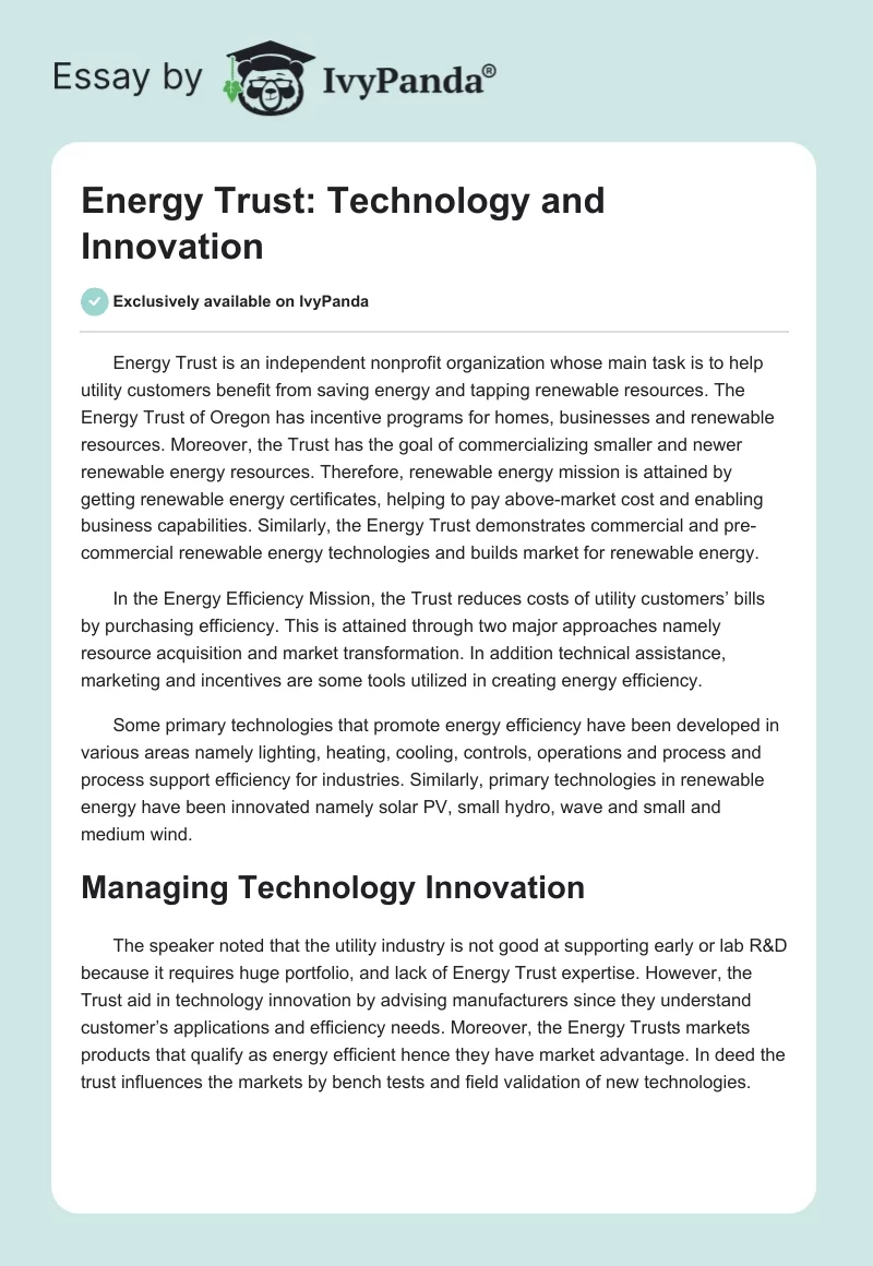 Energy Trust: Technology and Innovation. Page 1