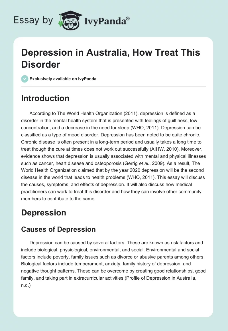Depression in Australia, How Treat This Disorder. Page 1