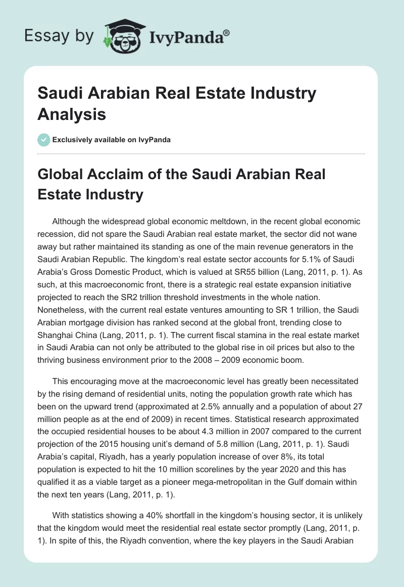Saudi Arabian Real Estate Industry Analysis. Page 1