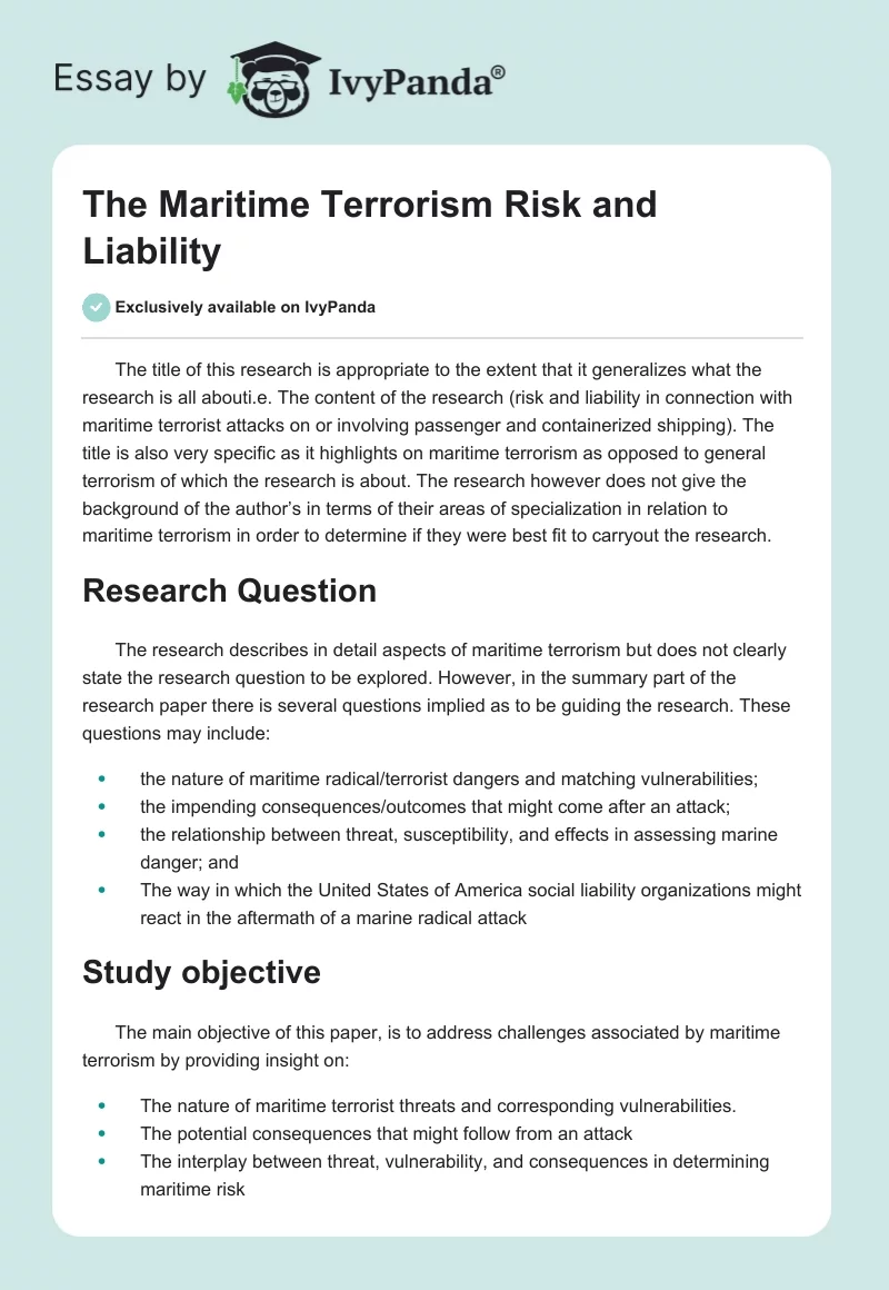 The Maritime Terrorism Risk and Liability. Page 1