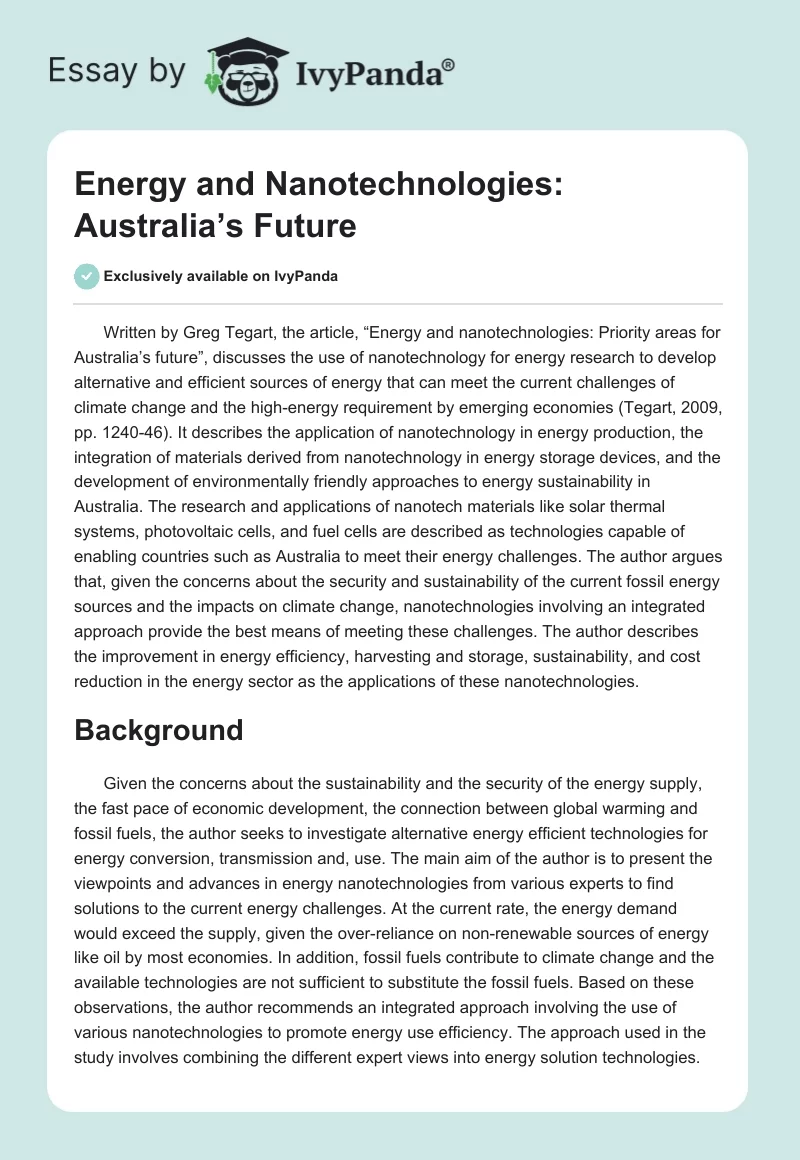Energy and Nanotechnologies: Australia’s Future. Page 1