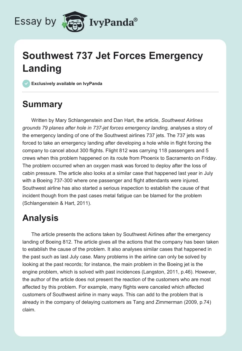 Southwest 737 Jet Forces Emergency Landing. Page 1
