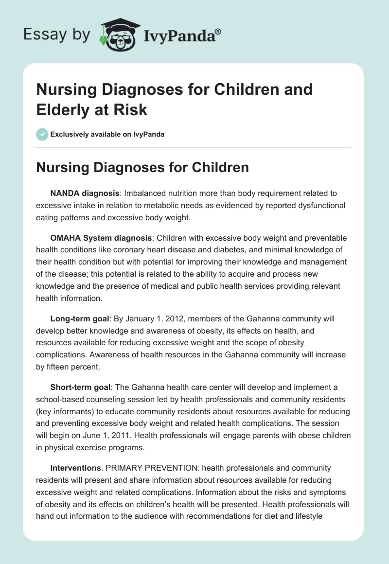 Nursing Diagnoses for Children and Elderly at Risk. Page 1
