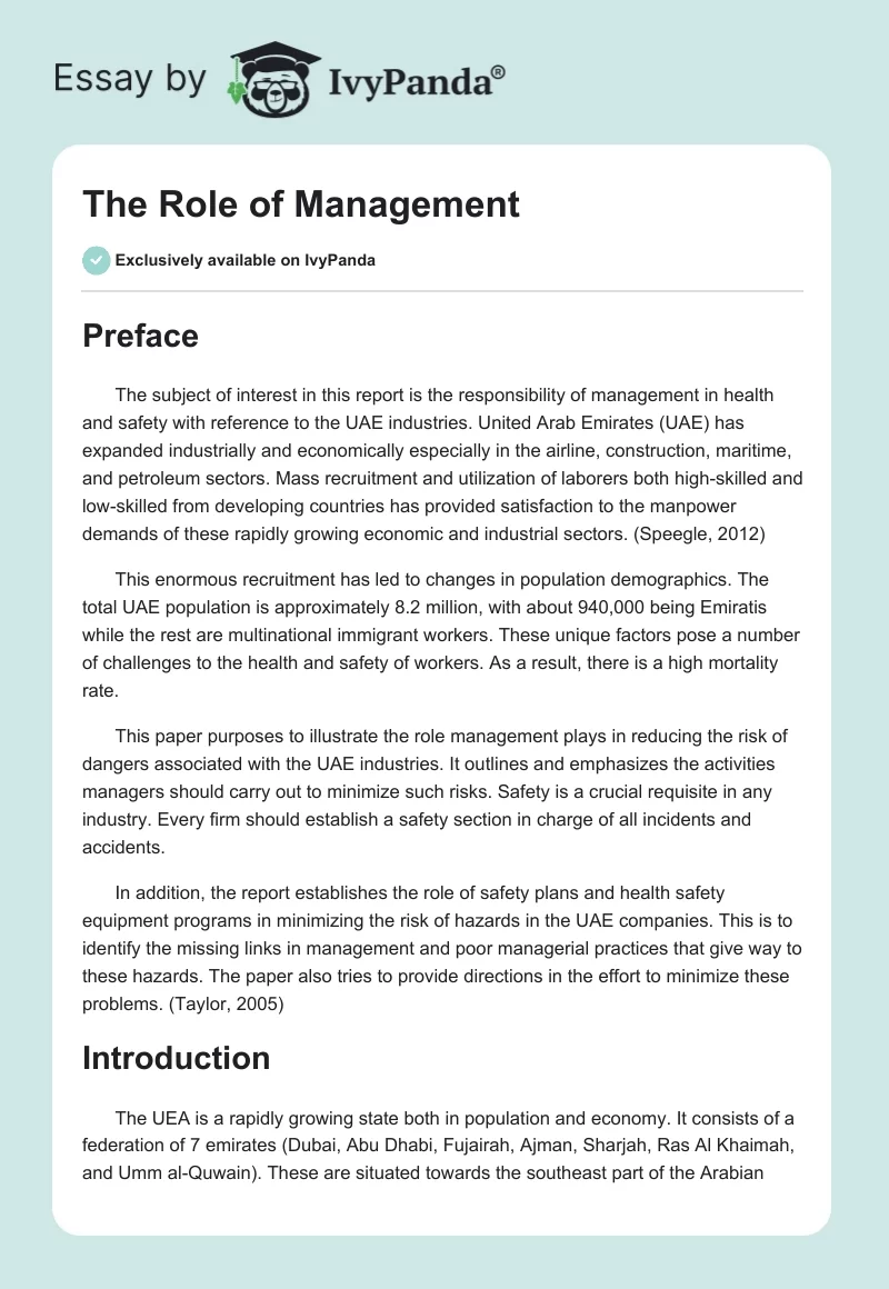 The Role of Management. Page 1