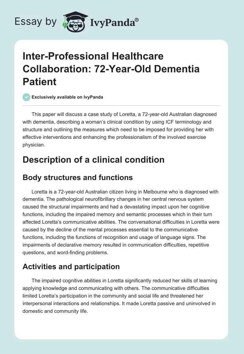 Inter-Professional Healthcare Collaboration: 72-Year-Old Dementia Patient. Page 1
