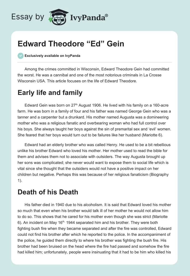 Edward Theodore “Ed” Gein. Page 1