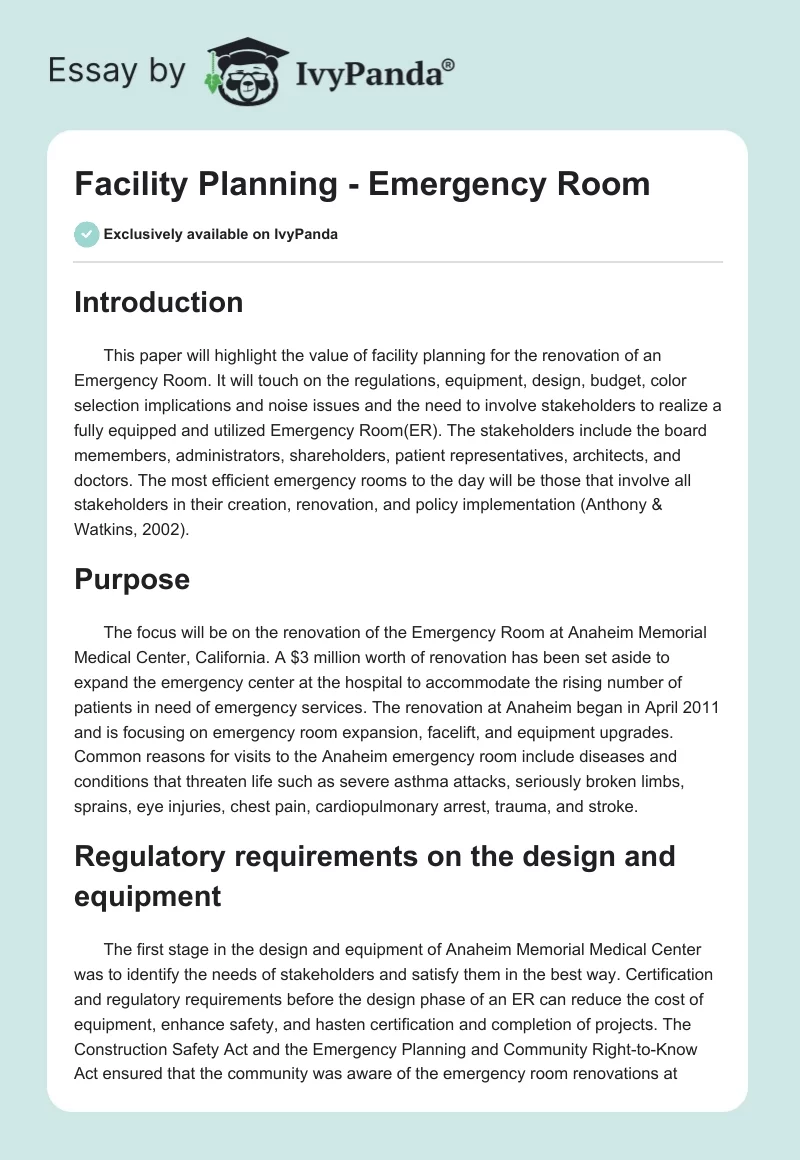 Facility Planning - Emergency Room. Page 1
