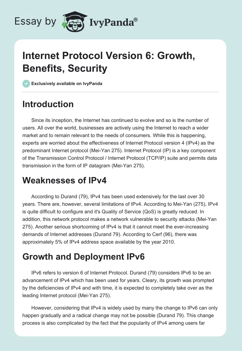 Internet Protocol Version 6: Growth, Benefits, Security. Page 1