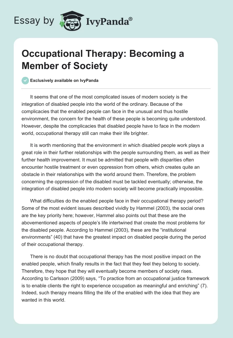 Occupational Therapy: Becoming a Member of Society. Page 1