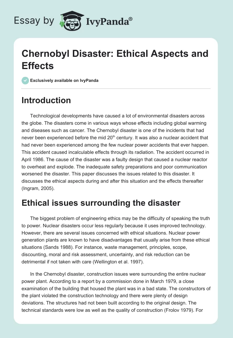 Chernobyl Disaster: Ethical Aspects and Effects. Page 1