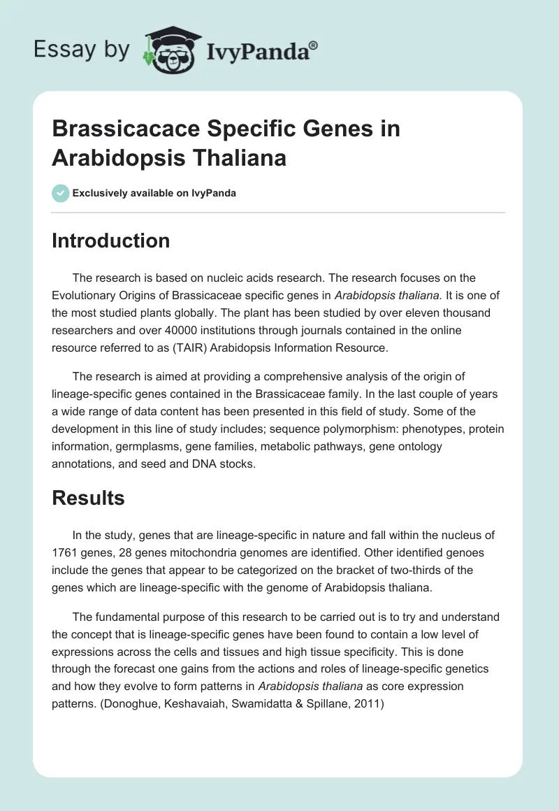 Brassicacace Specific Genes in Arabidopsis Thaliana. Page 1