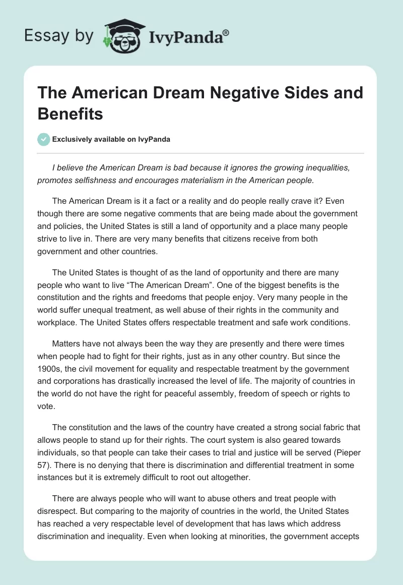 The American Dream Negative Sides and Benefits. Page 1