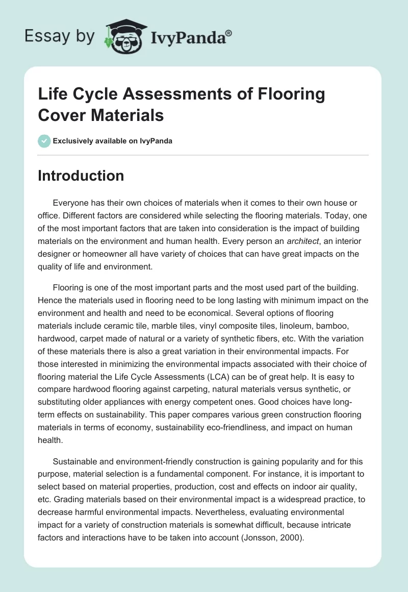 Life Cycle Assessments of Flooring Cover Materials. Page 1