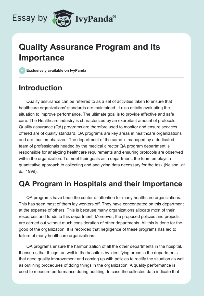 Quality Assurance Program and Its Importance. Page 1