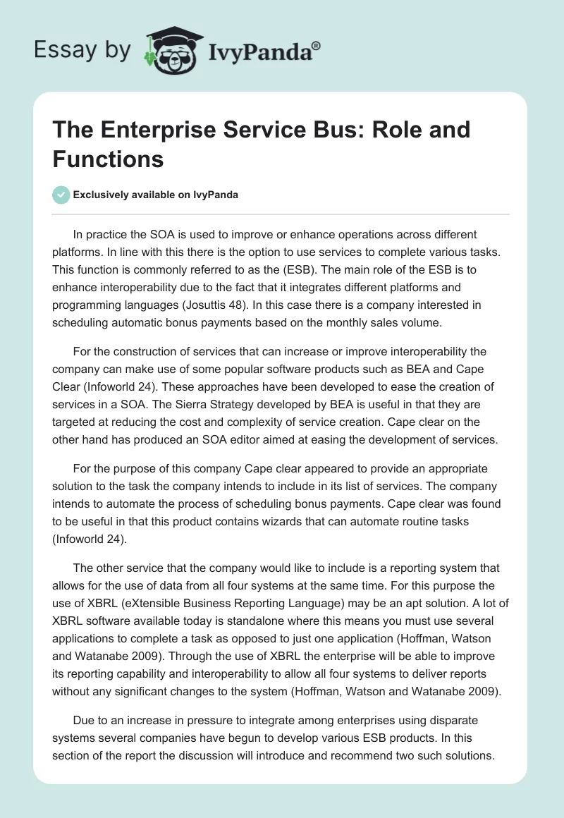 The Enterprise Service Bus: Role and Functions. Page 1