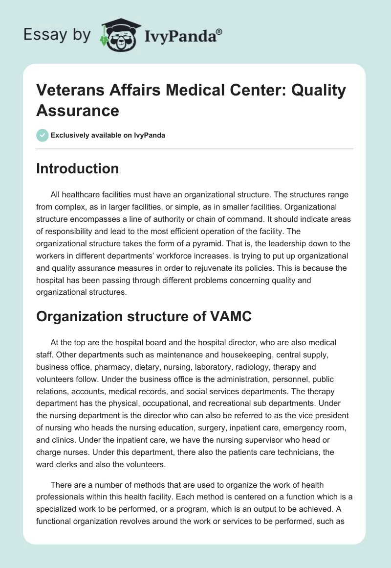 Veterans Affairs Medical Center: Quality Assurance. Page 1