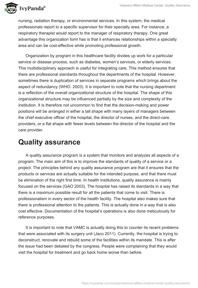 Veterans Affairs Medical Center: Quality Assurance. Page 2
