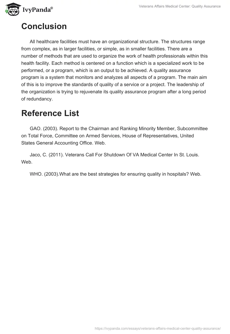 Veterans Affairs Medical Center: Quality Assurance. Page 3