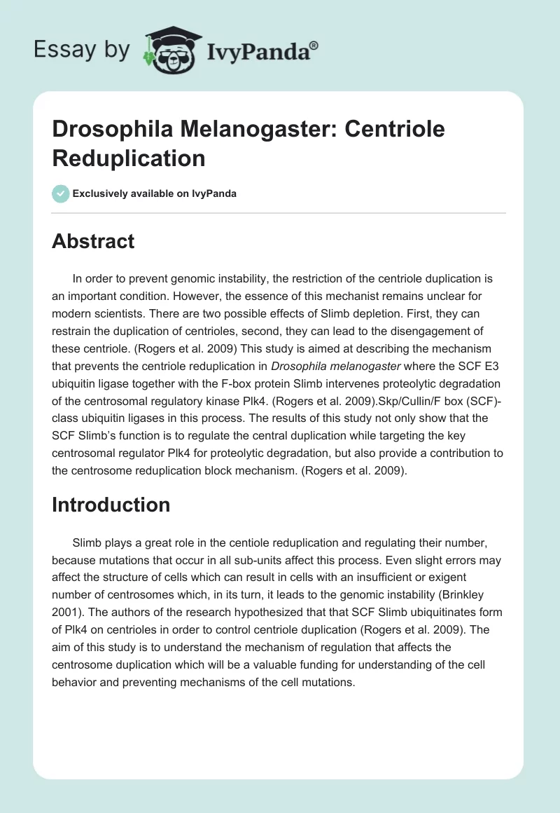 Drosophila Melanogaster: Centriole Reduplication. Page 1