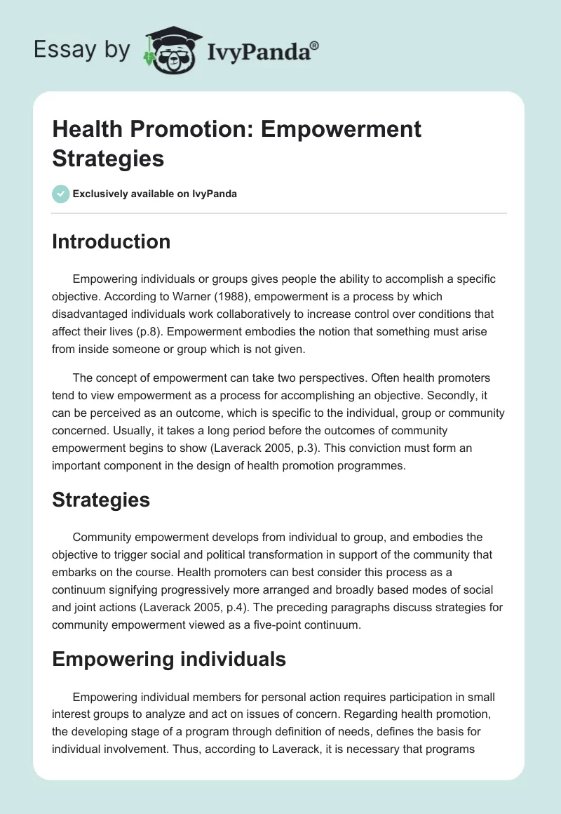 Health Promotion: Empowerment Strategies. Page 1