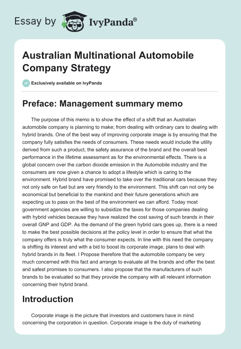Australian Multinational Automobile Company Strategy. Page 1