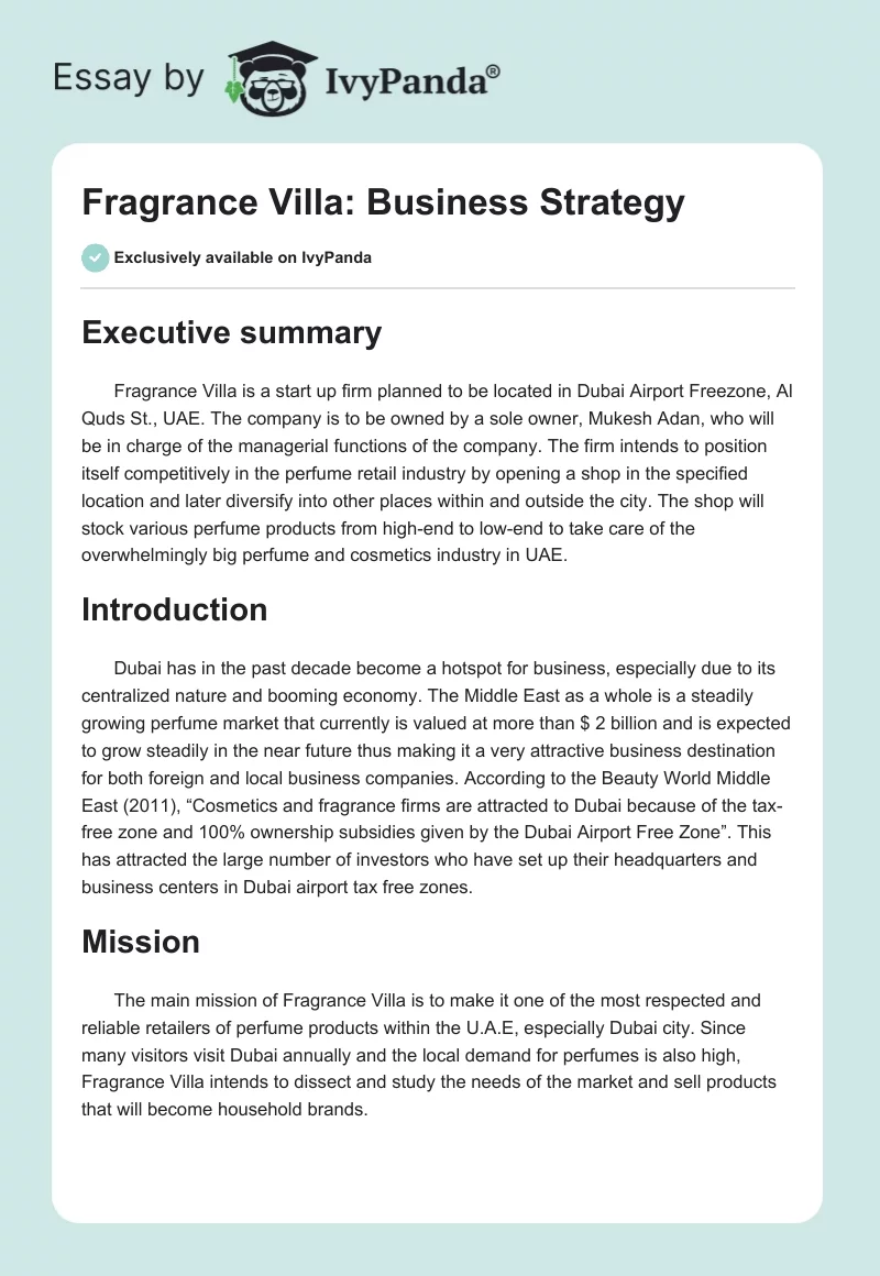 Fragrance Villa: Business Strategy. Page 1