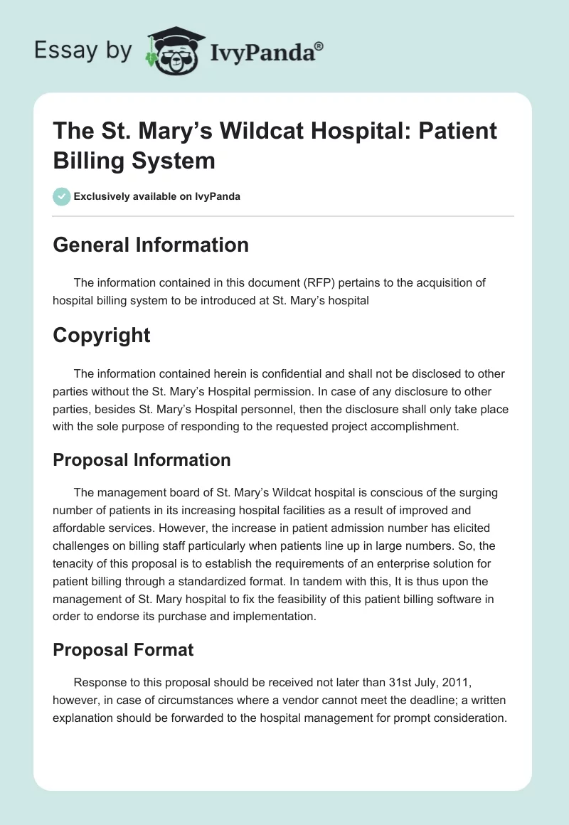 The St. Mary’s Wildcat Hospital: Patient Billing System. Page 1