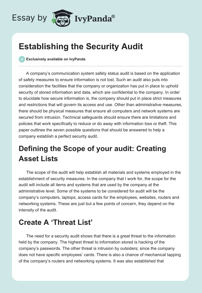 Establishing the Security Audit. Page 1