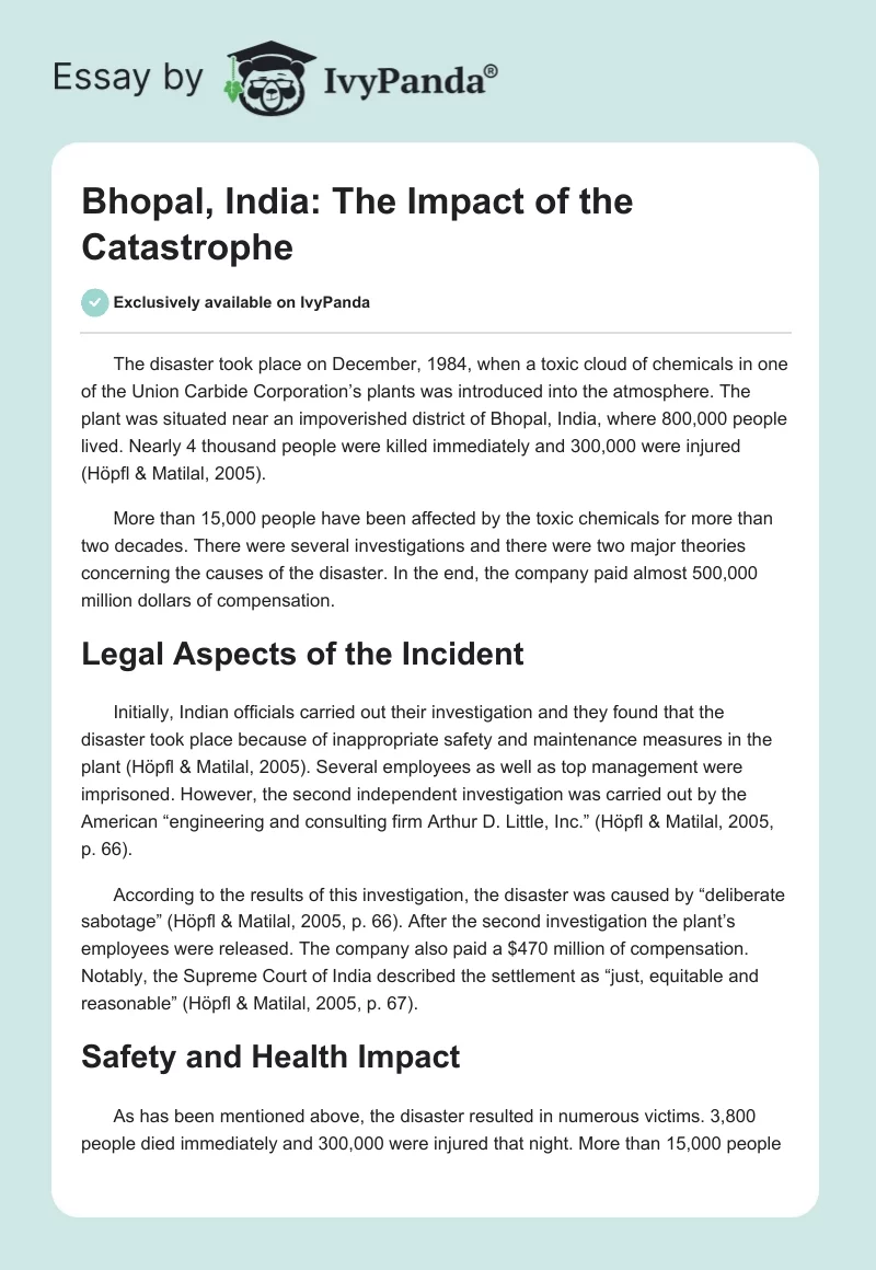 Bhopal, India: The Impact of the Catastrophe. Page 1