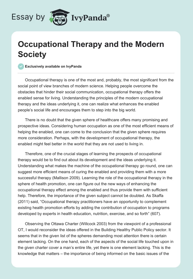 Occupational Therapy and the Modern Society. Page 1