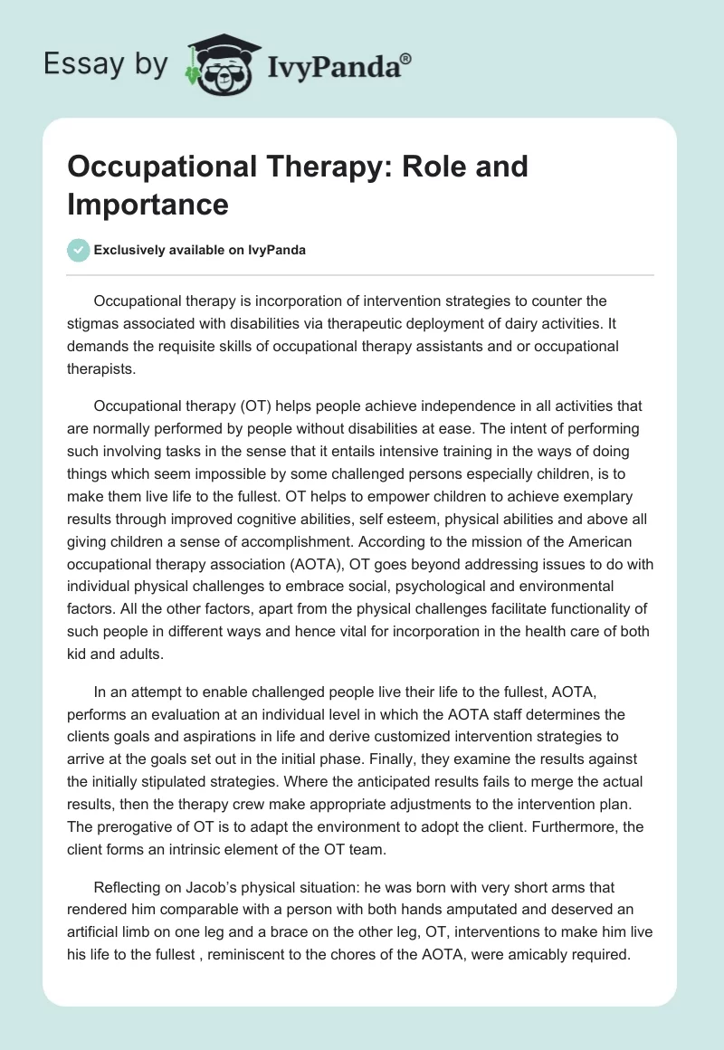 Occupational Therapy: Role and Importance. Page 1