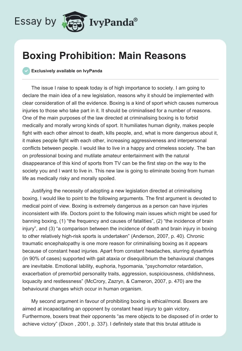 Boxing Prohibition: Main Reasons. Page 1