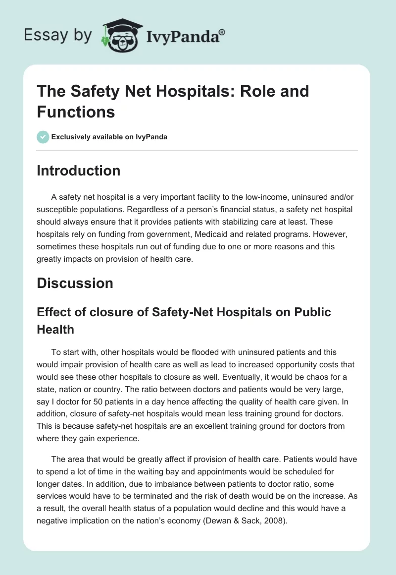 The Safety Net Hospitals: Role and Functions. Page 1