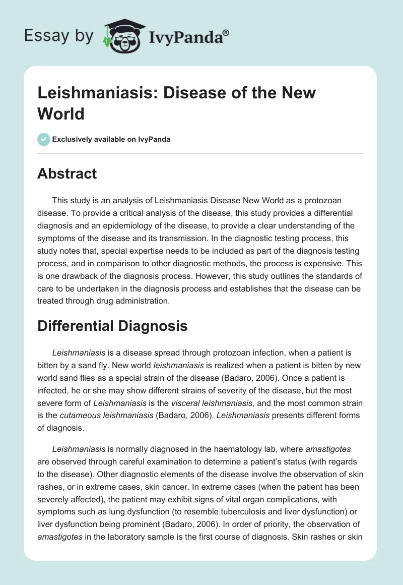 Leishmaniasis: Disease of the New World. Page 1
