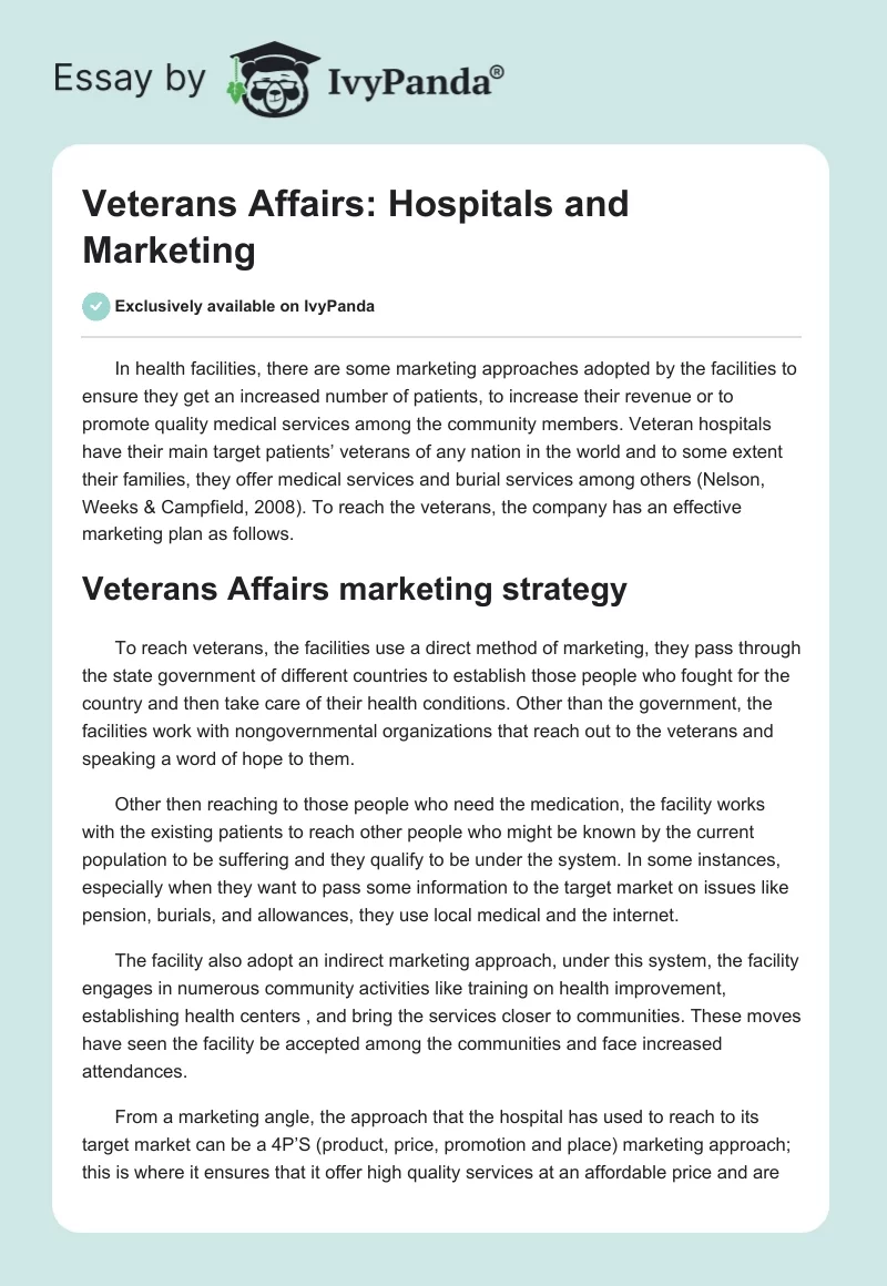 Veterans Affairs: Hospitals and Marketing. Page 1