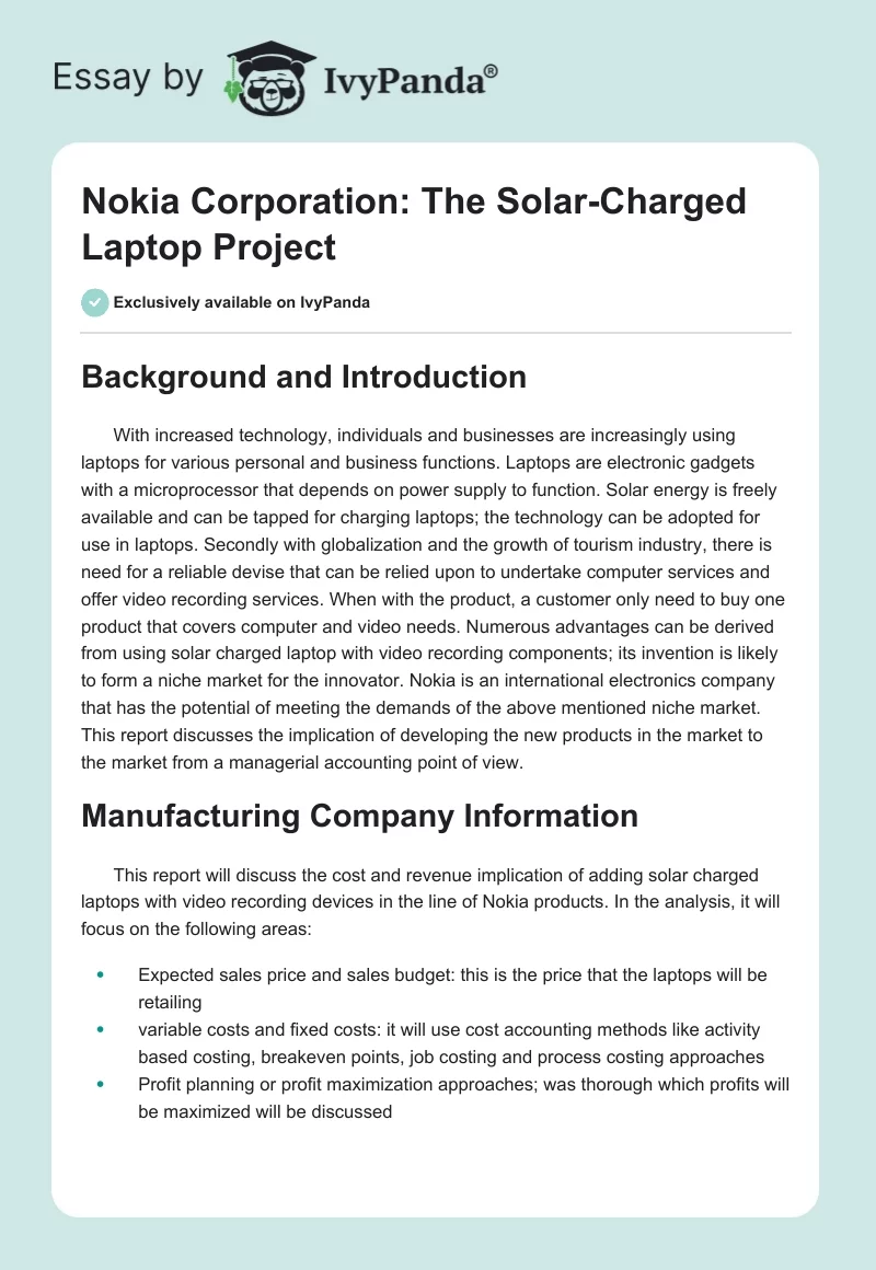 Nokia Corporation: The Solar-Charged Laptop Project. Page 1