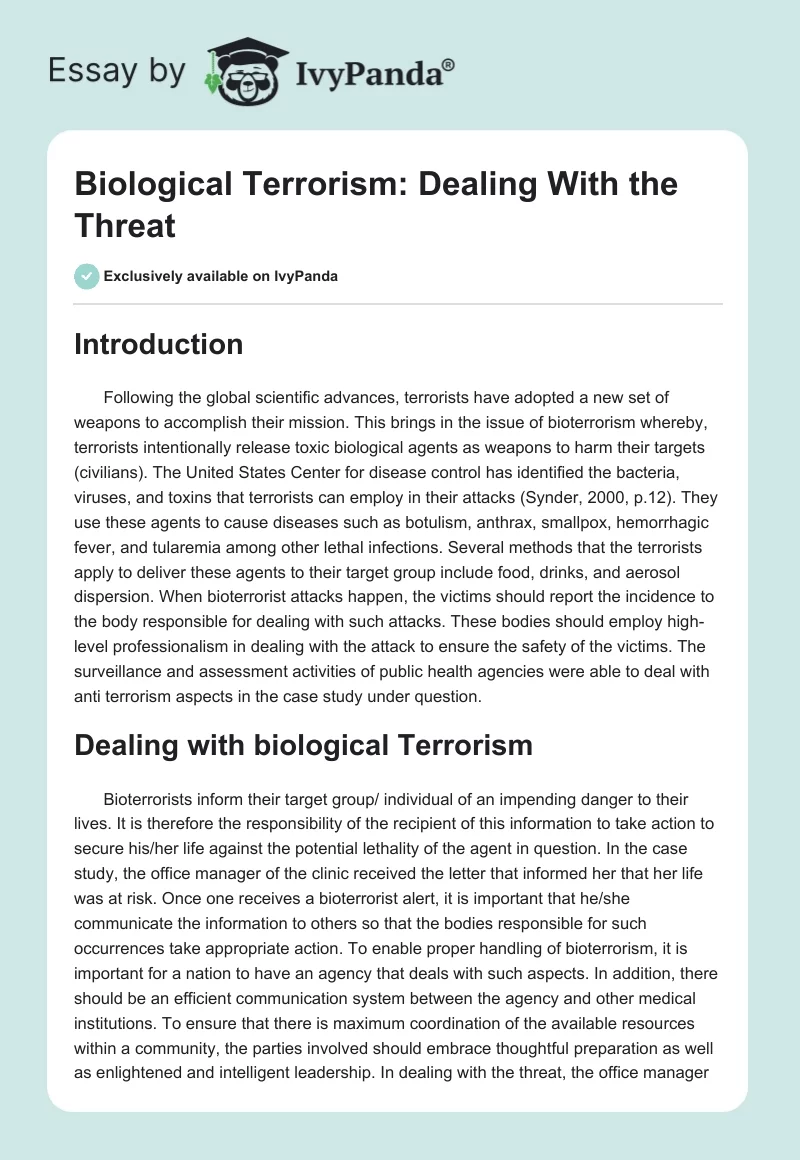 Biological Terrorism: Dealing With the Threat. Page 1